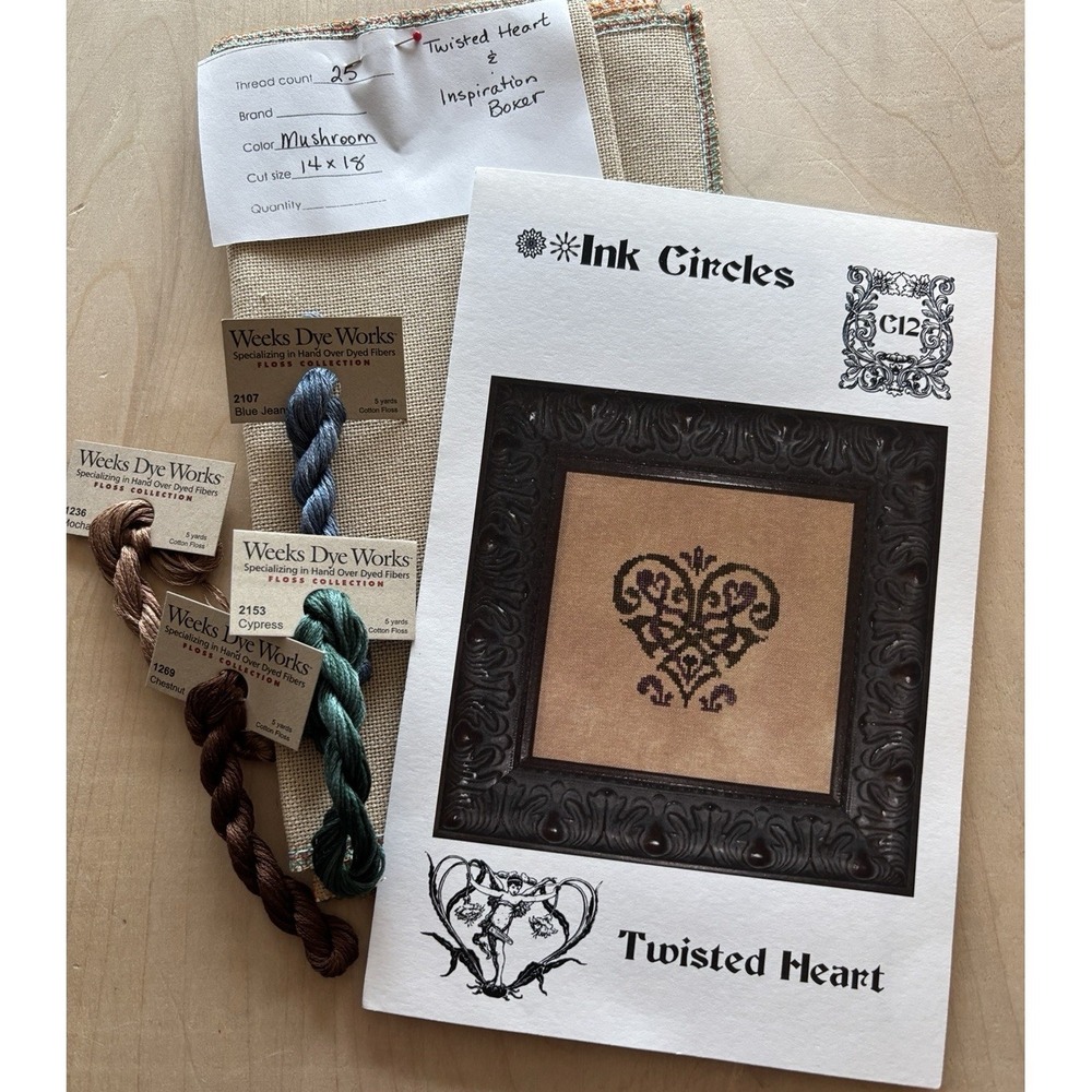 Ink Circles Twisted Heart Celtic Cross Stitch Weeks Dye Works Linen Kit